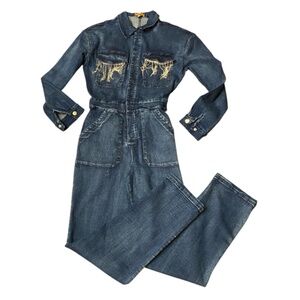 Rhinestone Trim Denim Long Sleeve Jumpsuit